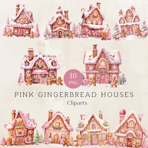 Pink Gingerbread House Clipart, Watercolor Gingerbread house, Pink Christmas Clipart, Holiday Clipart, Card Making, Commercial Use