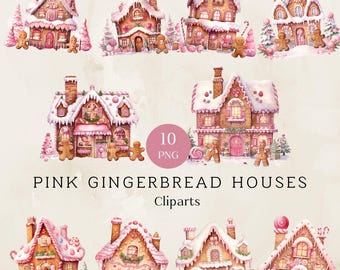 Clipart di casa di pan di zenzero rosa, casa di pan di zenzero ad acquerello, clipart di Natale rosa, clipart di festa, creazione di biglietti, uso commerciale