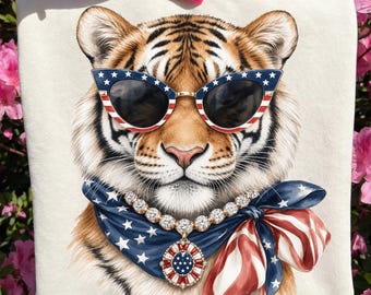 Glam Tiger PNG, Preppy Tiger PNG, Bling Patriotic Sublimation Design, Boujee Png Leopard Print Animal 4th of July Digital Download