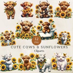 Aquarelle tournesol vaches Highland Cows Collection, lot de cliparts, bébé vache, bébé animal, fabrication de cartes, Jpgs de haute qualité, usage Commercial