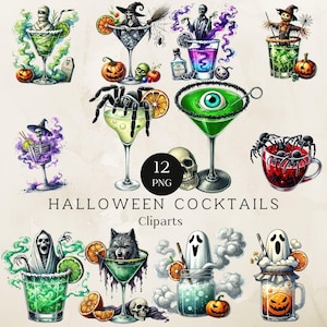 Clipart Cocktail di Halloween, Clipart Festa di Halloween, Bevande di Halloween, Bevande Spettrali, Bevande Acquerello Png, Invito Festa, Immagine Collage