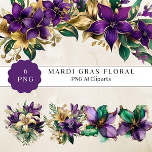 May include: Six digital clip art images of purple and gold flowers with green leaves. The flowers are stylized and have a watercolor effect. The text "Mardi Gras Floral PNG AI Cliparts" is at the top of the image.