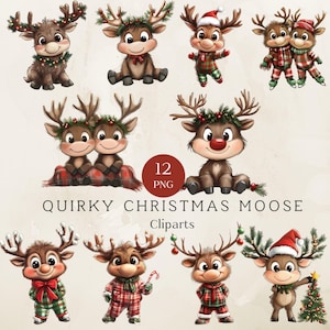 Clipart Noël orignal, art numérique original pour cartes de vœux, images drôles d'orignal, drôle de vacances orignal, téléchargement immédiat, fournitures de bricolage
