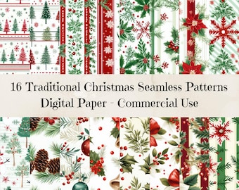 Paquete de papel digital navideño tradicional, paquete de papel digital imprimible, papel para álbumes de recortes, patrones imprimibles, decoración navideña, patrones acogedores
