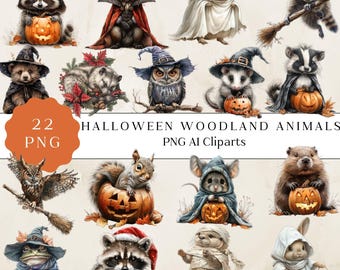 Woodland Halloween Clipart, Autumn Animals, Cute Woodland Halloween Animals, Halloween Animals PNG Clip Art, Halloween Woodland Illustration