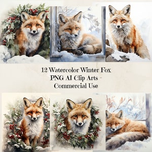 Winter Fox Watercolor Clipart Png, Watercolor Fox Clipart, Printable Watercolor clipart, Digital download, Paper crafts, junk journals