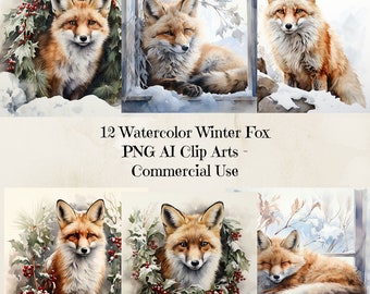 Winter Fox Watercolor Clipart Png, Watercolor Fox Clipart, Printable Watercolor clipart, Digital download, Paper crafts, junk journals