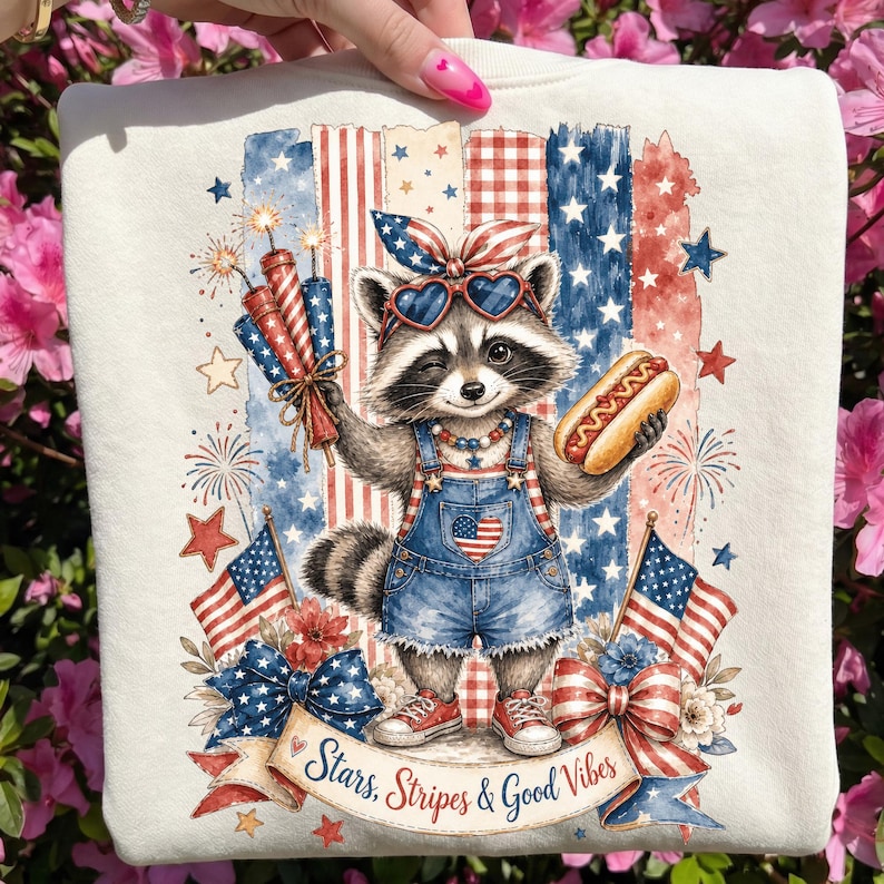 May include: A cream-colored sweatshirt featuring a raccoon wearing heart-shaped sunglasses and denim overalls with an American flag design. The raccoon holds a hot dog and fireworks, with the text "Stars, Stripes & Good Vibes".