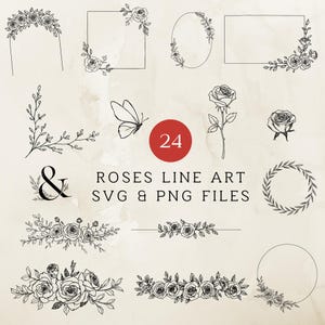 24 Rose Botanical Line Art SVG PNG Clipart, Rose SVG Graphics, Vector Flowers (Digital Download)