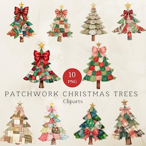 Könnte beinhalten: Aquarellillustrationen von zehn Patchwork-Weihnachtsbäumen. Jeder Baum hat ein einzigartiges Design mit bunten Stoffmustern, einem goldenen Stern und einer dekorativen Schleife. Der Text "PATCHWORK CHRISTMAS TREES Cliparts" steht darunter.