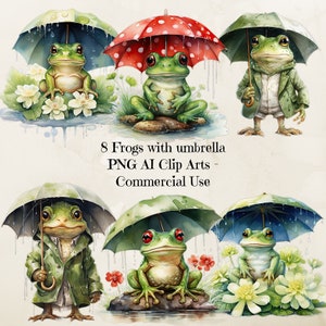Grenouille avec parapluie Clipart, Png grenouille verte, Clipart grenouille, 8 PNG aquarelle de haute qualité - journalisation, scrapbooking, téléchargement numérique, 300 dpi