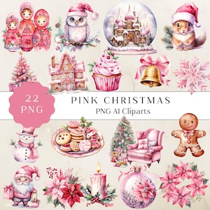 Pink Christmas Png Clipart, Pink Holiday, Watercolor Clipart, Christmas Png, Christmas Bundle,  Xmas Clipart, Paper Crafts, Commercial Use