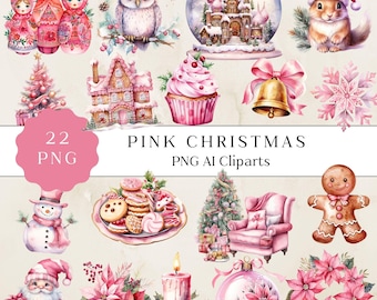 Pink Christmas Watercolor Clipart Bundle, Holiday Illustrations (Digital Download)