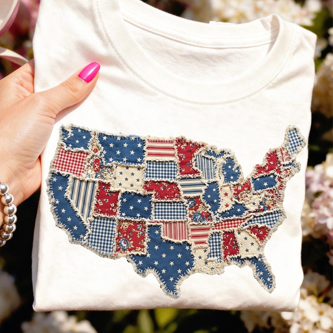 State Patchwork USA Map Patchwork PNG, Quilted Patriotic Flag Design, Rag Quilt Style ...