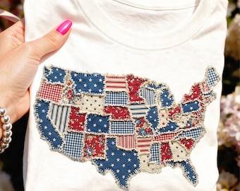 USA Map Patchwork PNG, Quilted Patriotic Flag Design, Rag Quilt Style (Digital Download)