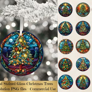 Stained Glass Christmas Tree Png Ornaments, Christmas Round Ornament Png, Christmas Ornaments Sublimation, Stained Glass Sublimation Bundle