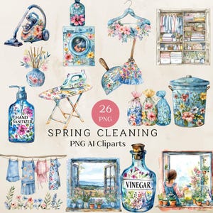 Clipart pulizie di primavera, faccende domestiche ad acquerello, forniture per le pulizie di primavera, clipart faccende domestiche, download digitale