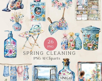 Spring Cleaning Clipart, Watercolor Household Chores, Spring Housekeeping Supplies, Household Chores Clipart, Digital Download