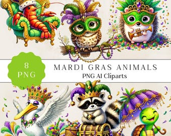 Cute Mardi Gras Animal Clipart, Fun Mardi Gras Animal Illustrations, Fat Tuesday Clipart, Perfect for Crafts, DIY Digital Art