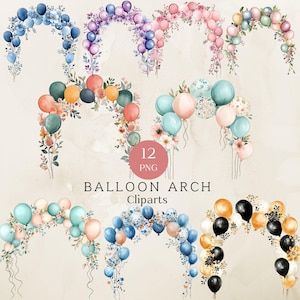 Aquarelle ballon arc des cliparts, fête d'anniversaire PNG, jolies décorations de fête, téléchargements numériques pour les fêtes, usage Commercial