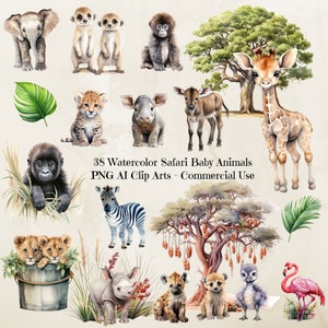 Clipart aquarelle animaux de safari, sublimation numérique Safari, animaux mignons Png, animaux mignons de la jungle, clipart animaux de la jungle, clipart Png
