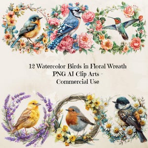 Aquarelle oiseau dans une couronne de fleurs Png, oiseau dans une couronne, clipart printemps aquarelle, clipart oiseau, cadre oiseau, conception d'invitation, clipart Nature