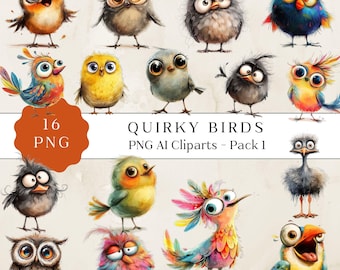 Quirky Bird Clipart, Mixed Media Quirky Bird Clip Art, Cute Caricature Birds, Quirky Clipart, Whimsical Colorful Design Graphics