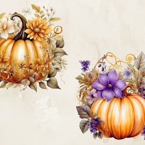 Pumpkin Floral Clipart, Watercolor Autumn PNG, Fall Digital Download ...