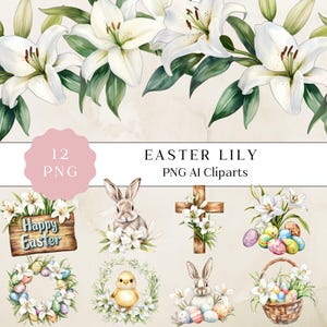 Clipart de lírio de Páscoa em aquarela, download digital floral, gráficos florais em aquarela, PNGs de alta qualidade, ideais para cartões e artesanato
