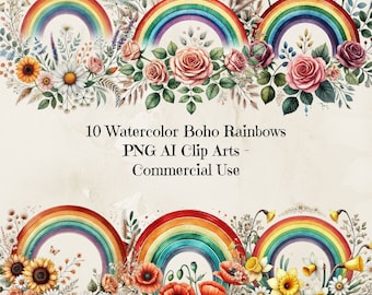 Boho Rainbow Floral Watercolor Clipart, Boho Rainbows Digital Clip Art Set, Flowers Boho Rainbow, Floral Rainbows, Transparent Pngs, 300dpi