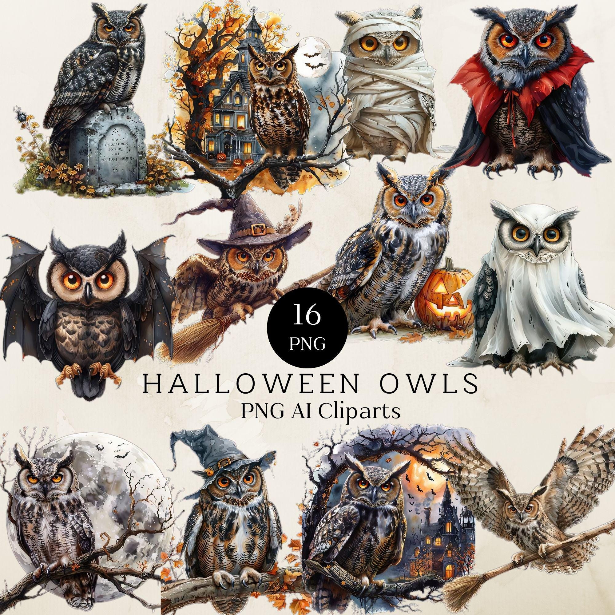 Halloween Owl Clipart, Halloween Owl Illustrations, Owl Graphics, Owl Png, Halloween Png, Cute Owls Clipart, Spooky Owls, Digital Download