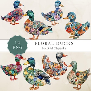 Cute Floral Ducks Clipart, Retro Boho Ducks Farm Design, Cute Spring Clipart, PNG Sublimation Transfer, Craft Supplies, Digital Download