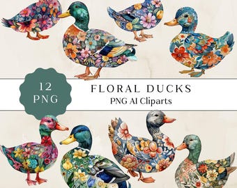 Floral Ducks PNG Clipart Set, Watercolor Woodland Animals Graphics, Digital Download
