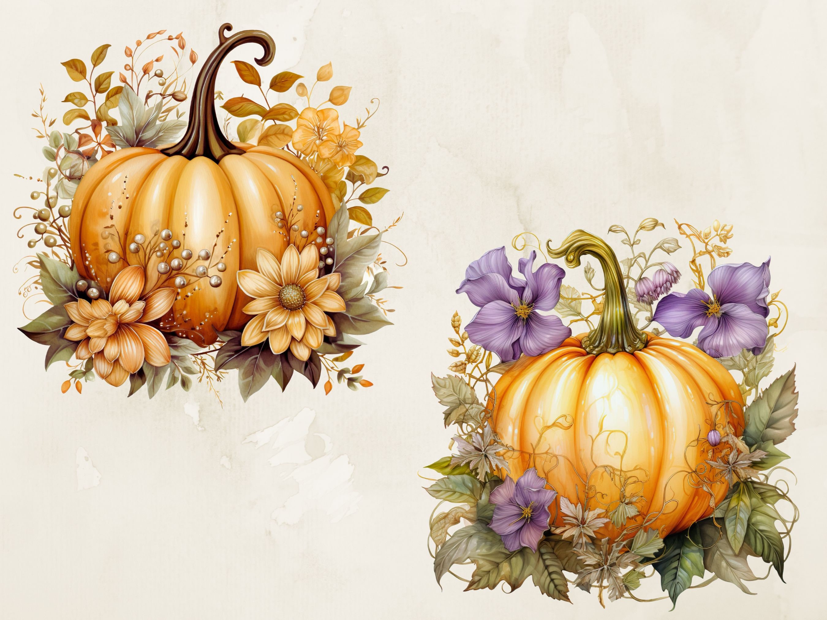Pumpkin Floral Clipart, Watercolor Autumn PNG, Fall Digital Download ...