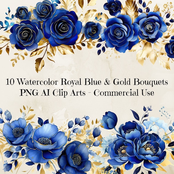 Royal Blue and Gold Floral Clipart, Gold and Blue Flower Clipart, Blue Roses Clipart, Blue Flower Png, Png for Wedding Invite, Blue Flowers