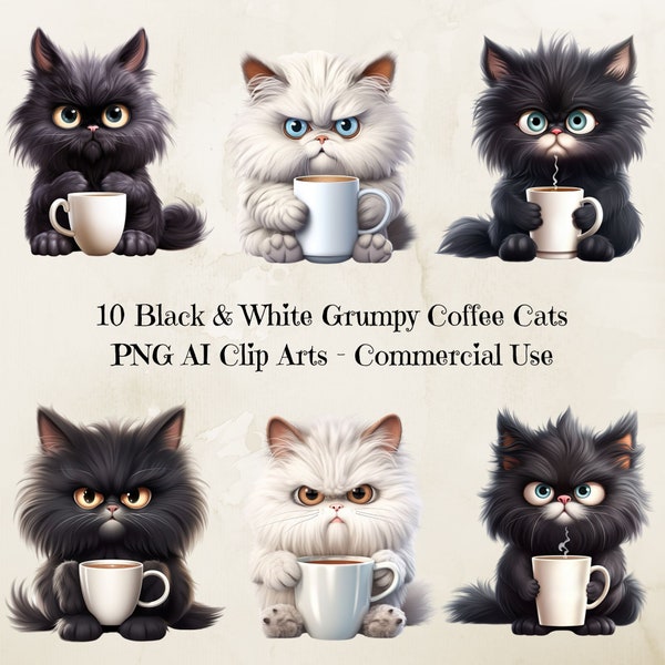 Grumpy Coffee Cat Clipart, Grumpy Cat Clipart, Printable, Cat Clipart, No Background, Commercial Use - Digital Download, Sublimation Designs