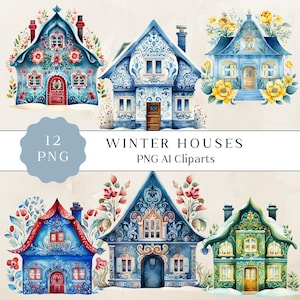 Clipart di case nordiche ad acquerello, Clipart di case scandinave, Clipart di case invernali, Case scandinave, Clipart di Natale scandinavo