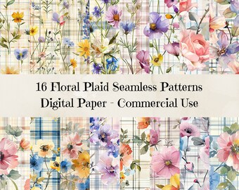 Digital Seamless Floral in Plaid Background, Spring Digital Paper, Background Png, Plaid Backgrounds, Seamless Digital Paper, 300dpi