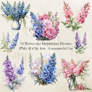 Watercolor Delphinium Flowers Clipart Png, Hand-Painted Watercolour Flower Clip Art, Blue Delphinium, Flower Clipart, Digital Clipart Png