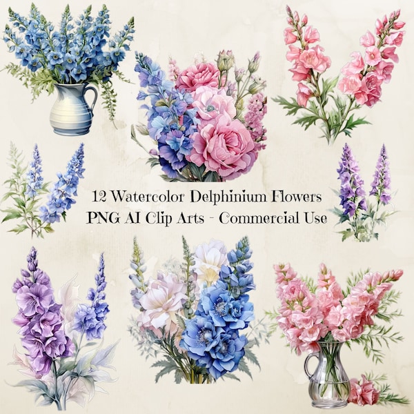 Watercolor Delphinium Flowers Clipart Png, Hand-Painted Watercolour Flower Clip Art, Blue Delphinium, Flower Clipart, Digital Clipart Png