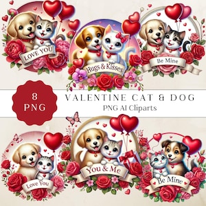 Valentine Dog and Cat Clipart Bundle, Cute Dog and Cat Graphics, Dog and Cat Love, Digital Valentine Clipart, Valentine Animals Clipart