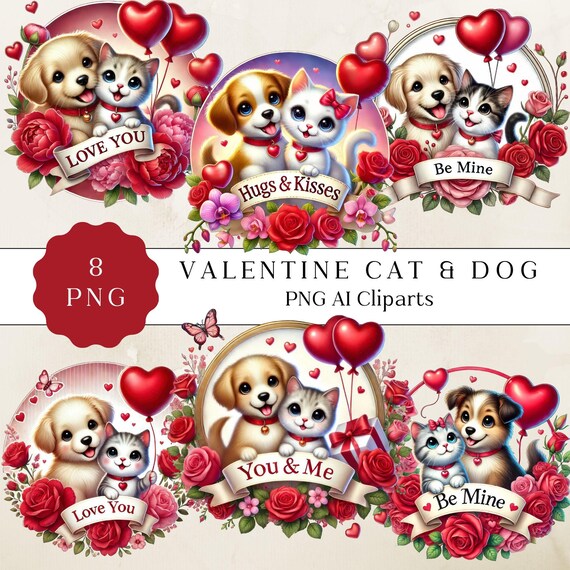 Valentine Dog and Cat Clipart Bundle, Cute Dog and Cat Graphics