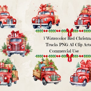 Watercolor Vintage Christmas Truck Clipart, Holiday PNG For Commercial Use, Winter Clipart For Sublimation Junk Journals & Scrapbooking