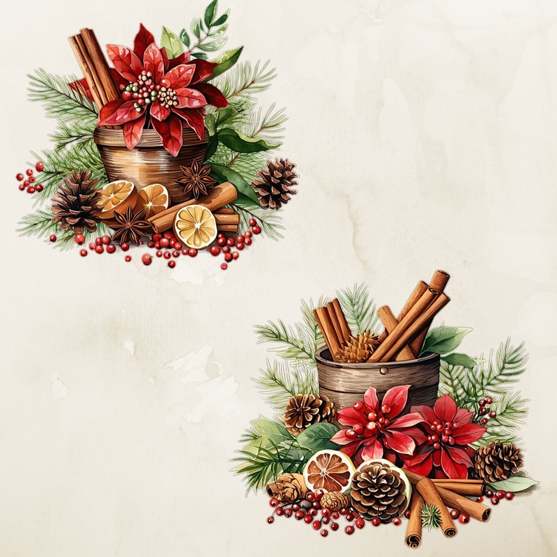 以下が含まれることがあります： クリスマスの装飾を描いた水彩画のイラストが2つあります。それぞれのイラストには、シナモン、ドライオレンジ、スターアニス、松ぼっくりが入った木製のボウルが描かれています。1つのボウルは赤いポインセチアの花で飾られ、もう1つのボウルは赤いポインセチアの花と赤いベリーで飾られています。