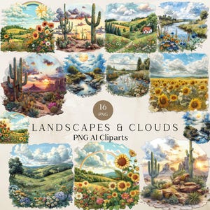 Clipart di paesaggi ad acquerello, paesaggio con nuvole, bellissime illustrazioni del cielo, sfondi di paesaggi naturali, download digitale per artigianato