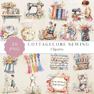 Cottagecore Nähen Clipart, Aquarell Blumenmuster, Vintage Nähmaschine PNG, Aquarell Vintage Blumen PNG, Digital Download zum Basteln