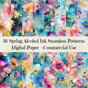 Spring Alcohol Ink Flowers Seamless Patterns - Floral Ink Digital Paper, Commercial Use Alcohol Ink Flowers Patterns, 300dpi, Junk Journal