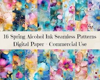 Spring Alcohol Ink Flowers Seamless Patterns - Floral Ink Digital Paper, Commercial Use Alcohol Ink Flowers Patterns, 300dpi, Junk Journal