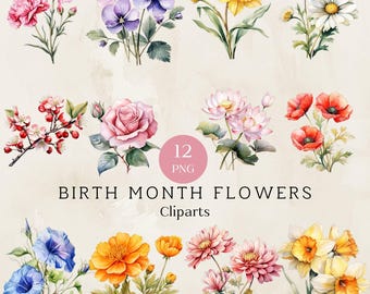 Watercolor Birth Month Flower Clipart, Floral PNG Graphics (Digital Download)