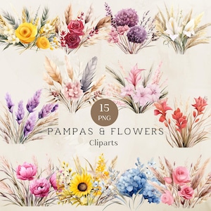 Watercolor Pampas and Flowers Cliparts, Boho Flower Bouquet Png, Watercolor Floral Clipart, Pampas Clipart, Wedding Flowers Clipart